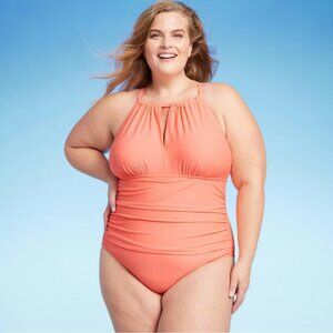 Full Coverage Tummy Control High Neck Halter One Piece Swimsuit - Kona Sol Coral